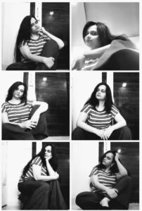A black and white collage of pictures of author Swati Khatri 